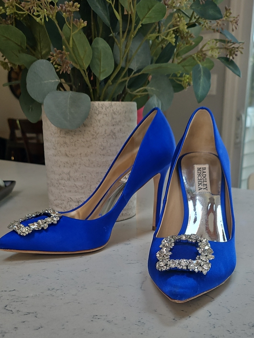 Badgley Mischka Royal Blue Satin Crystal-Buckle Pointed Pumps